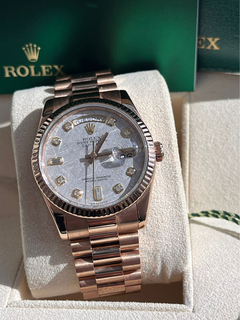 Rolex Day-Date President 36mm Rose Gold Meteorite Diamond Dial Mens Watch 118235