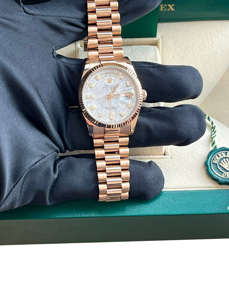 Rolex Day-Date President 36mm Rose Gold Meteorite Diamond Dial Mens Watch 118235