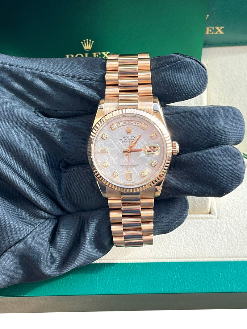 Rolex Day-Date President 36mm Rose Gold Meteorite Diamond Dial Mens Watch 118235