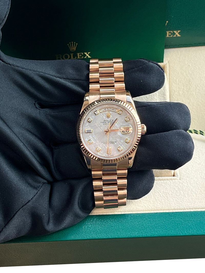 Rolex Day-Date President 36mm Rose Gold Meteorite Diamond Dial Mens Watch 118235