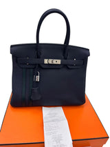 Hermes Birkin 30 Officier Bleu Nuit/Vert Cypress Togo Leather Palladium Hardware