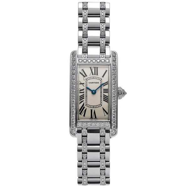 Cartier Tank Américaine 18K White Gold Diamond Bezel Ladies Watch SM WB7073MP