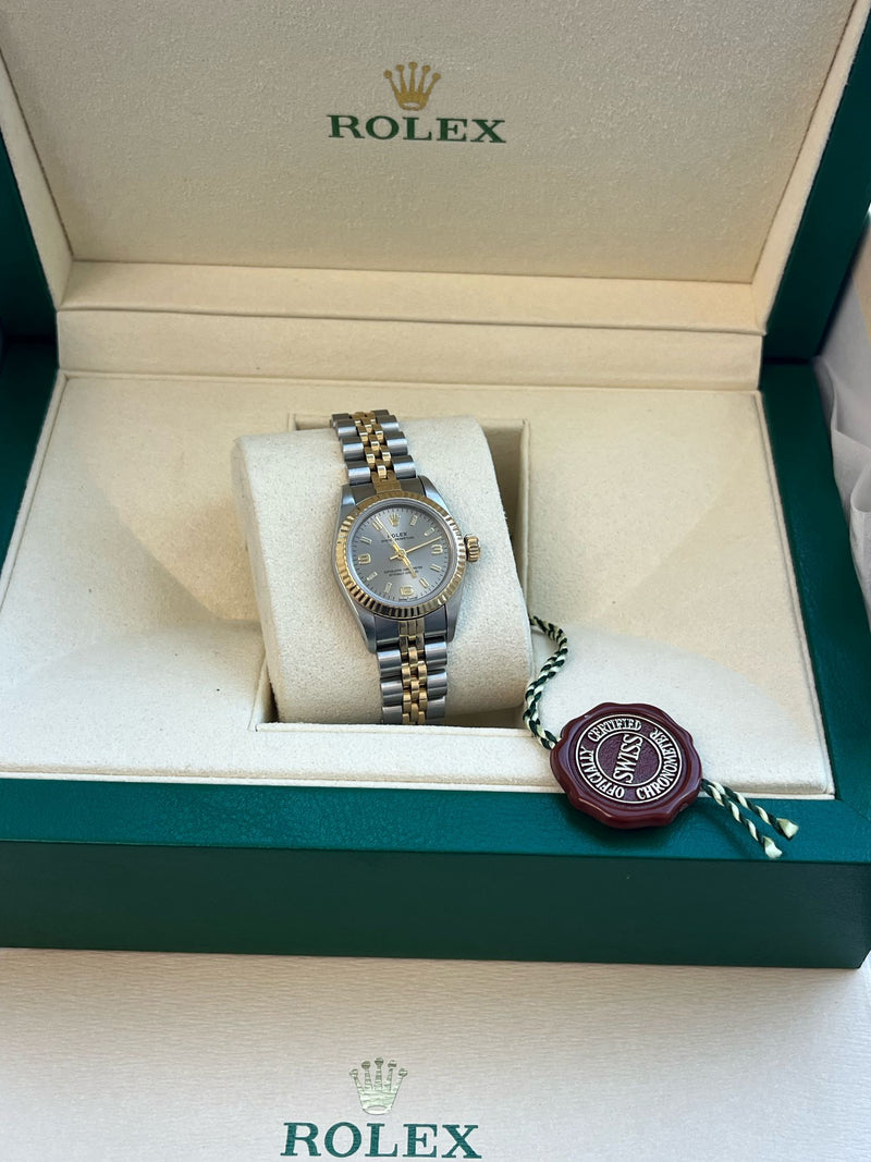 Rolex Oyster Perpetual 26mm Grey Dial Gold Steel Jubilee Bracelet Watch 67193