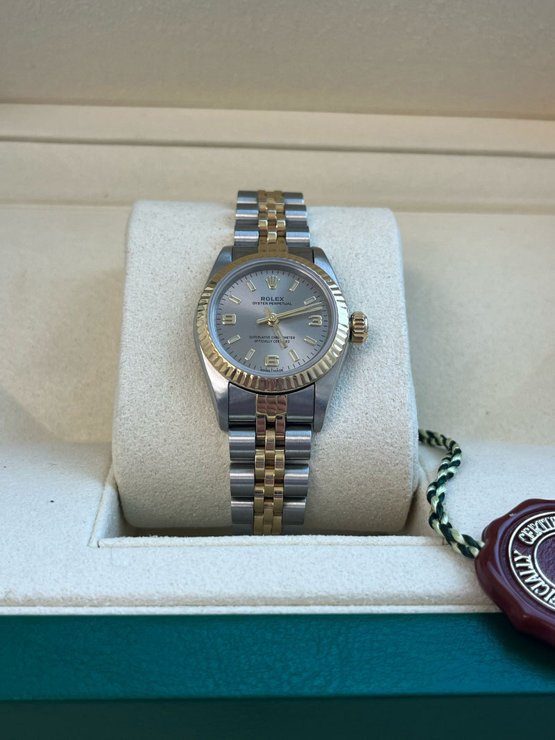 Rolex Oyster Perpetual 26mm Grey Dial Gold Steel Jubilee Bracelet Watch 67193