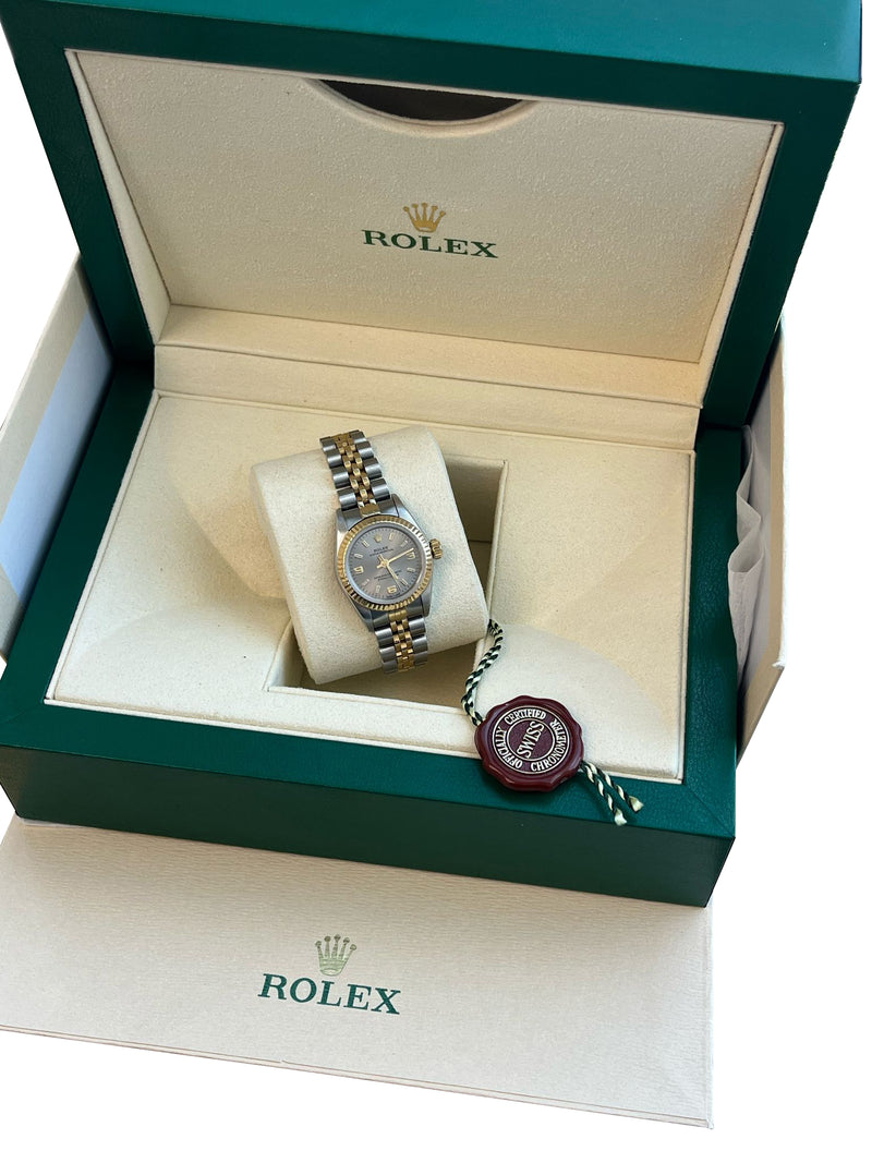 Rolex Oyster Perpetual 26mm Grey Dial Gold Steel Jubilee Bracelet Watch 67193