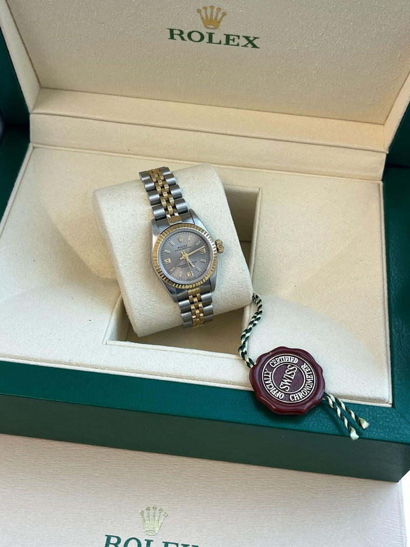 Rolex Oyster Perpetual 26mm Grey Dial Gold Steel Jubilee Bracelet Watch 67193