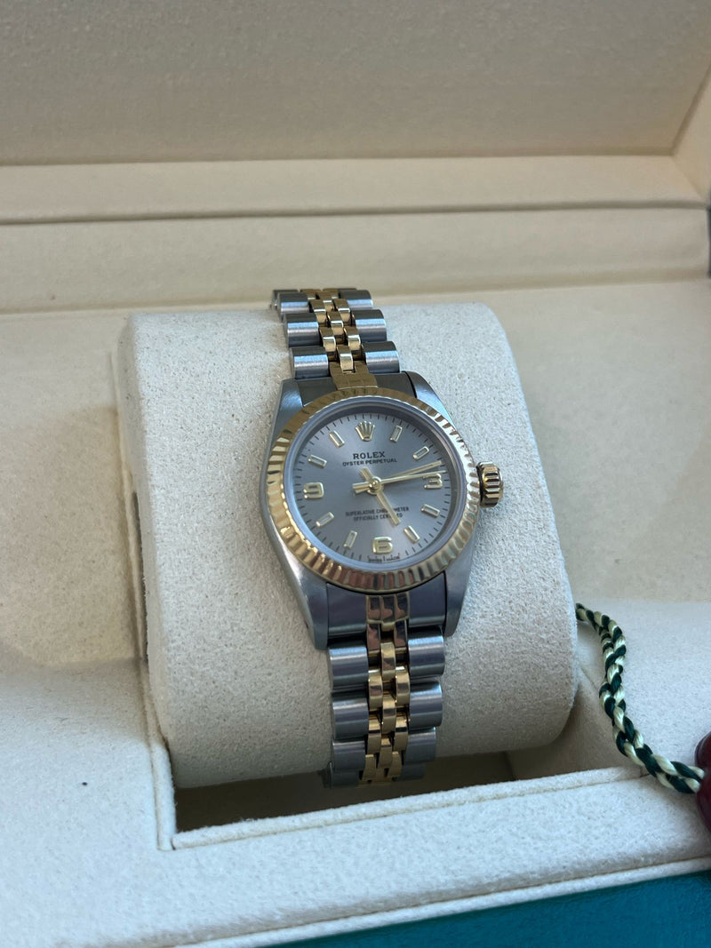 Rolex Oyster Perpetual 26mm Grey Dial Gold Steel Jubilee Bracelet Watch 67193