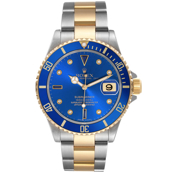 Rolex Submariner Date 40mm Gold/Steel Blue Serti Diamond Dial Men's Watch 16613