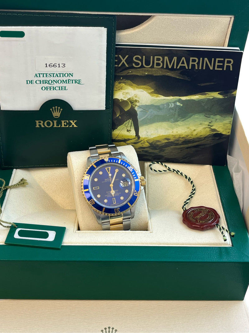 Rolex Submariner Date 40mm Gold/Steel Blue Serti Diamond Dial Men's Watch 16613