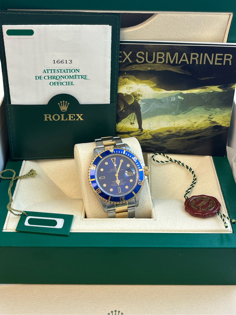 Rolex Submariner Date 40mm Gold/Steel Blue Serti Diamond Dial Men's Watch 16613