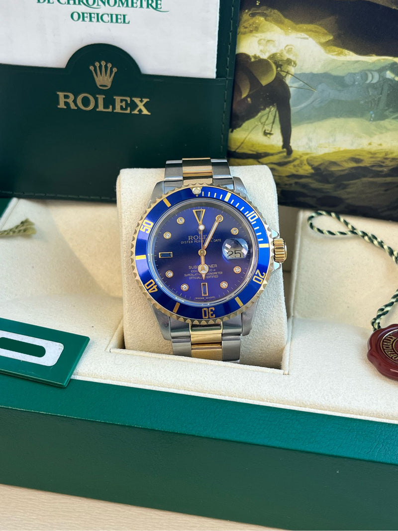Rolex Submariner Date 40mm Gold/Steel Blue Serti Diamond Dial Men's Watch 16613