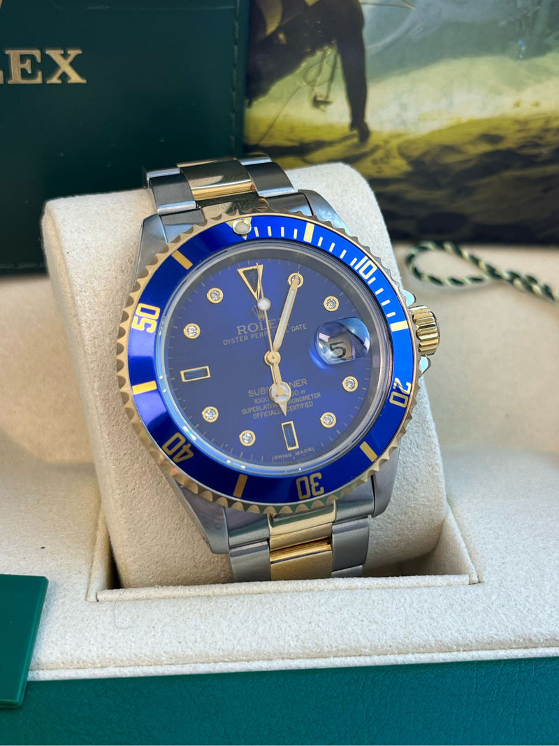 Rolex Submariner Date 40mm Gold/Steel Blue Serti Diamond Dial Men's Watch 16613