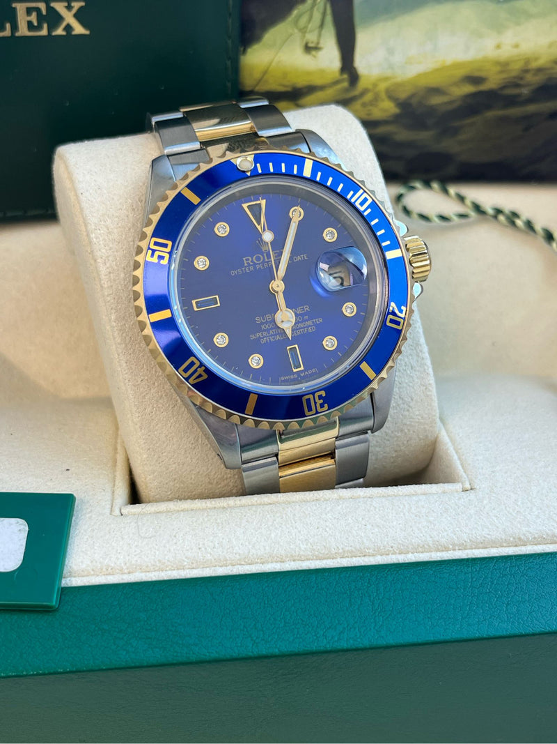 Rolex Submariner Date 40mm Gold/Steel Blue Serti Diamond Dial Men's Watch 16613