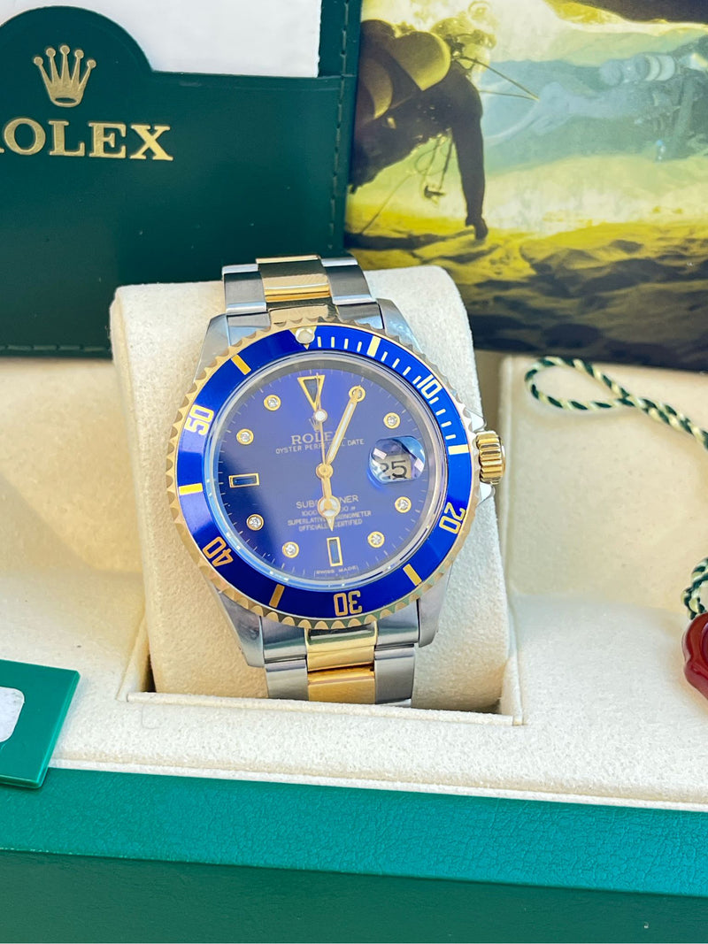 Rolex Submariner Date 40mm Gold/Steel Blue Serti Diamond Dial Men's Watch 16613