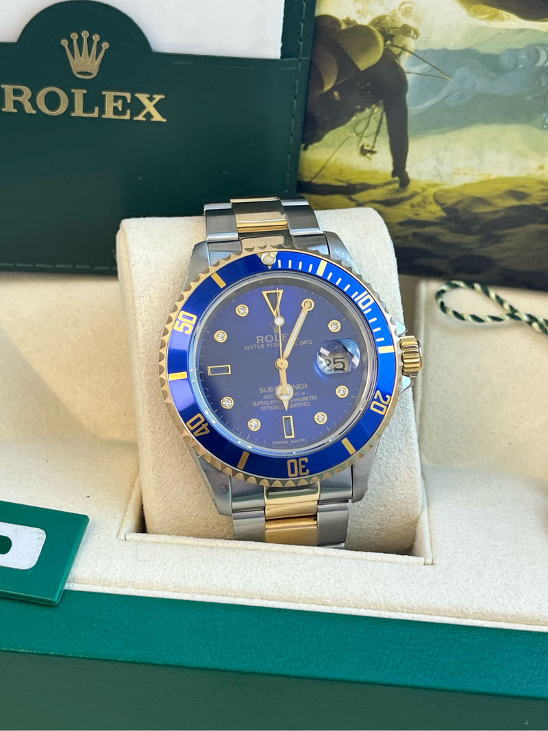 Rolex Submariner Date 40mm Gold/Steel Blue Serti Diamond Dial Men's Watch 16613