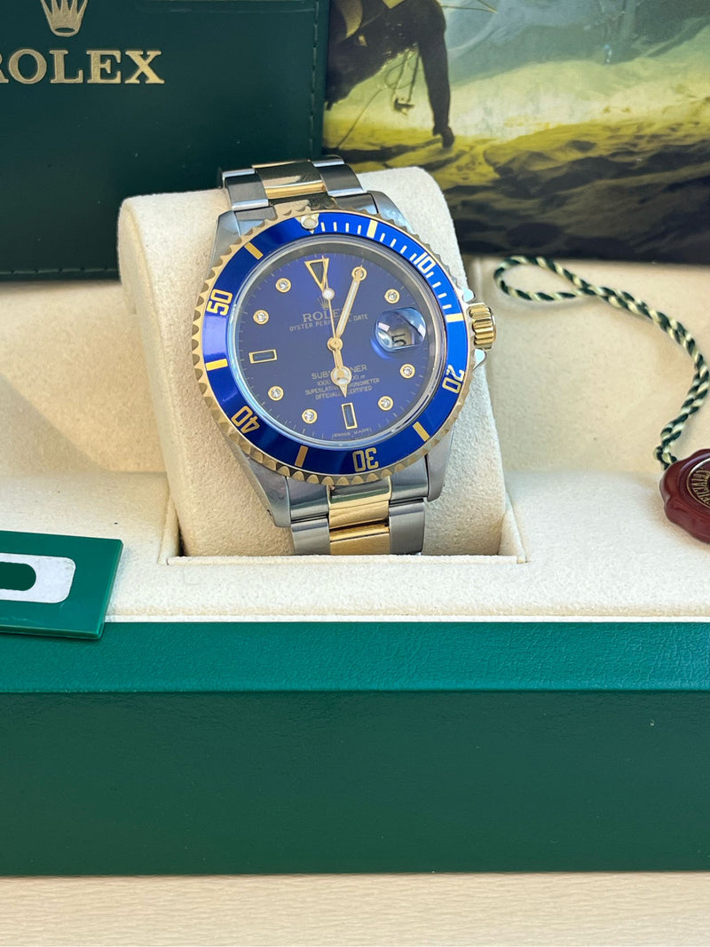 Rolex Submariner Date 40mm Gold/Steel Blue Serti Diamond Dial Men's Watch 16613