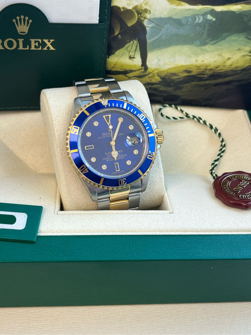 Rolex Submariner Date 40mm Gold/Steel Blue Serti Diamond Dial Men's Watch 16613