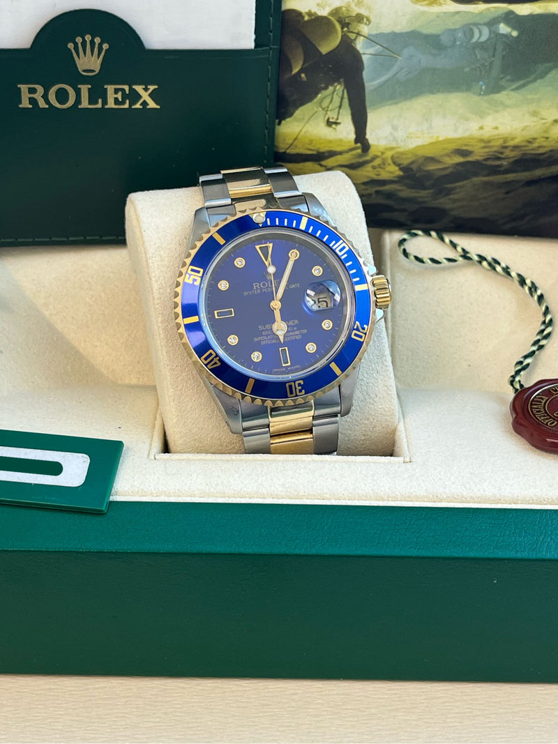 Rolex Submariner Date 40mm Gold/Steel Blue Serti Diamond Dial Men's Watch 16613