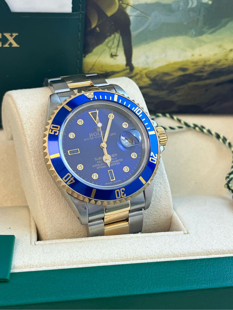 Rolex Submariner Date 40mm Gold/Steel Blue Serti Diamond Dial Men's Watch 16613