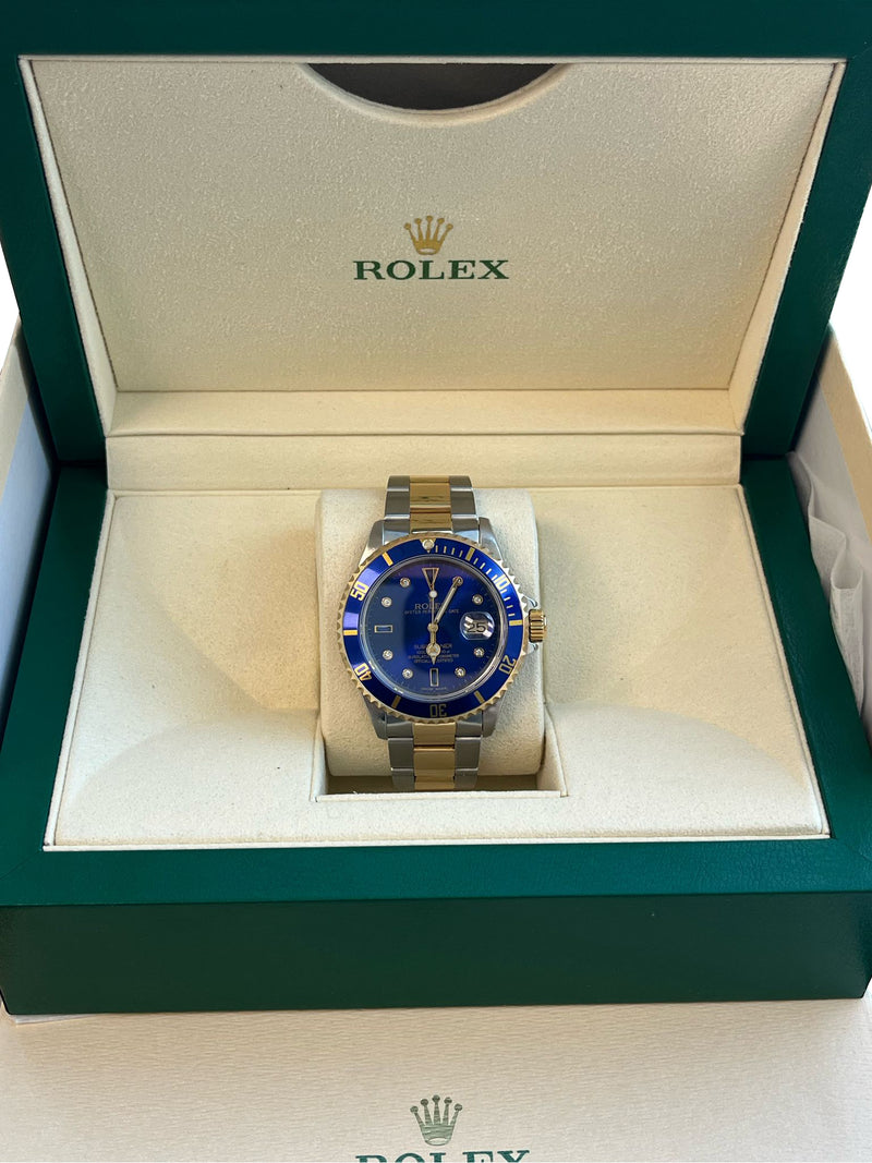 Rolex Submariner Date 40mm Gold/Steel Blue Serti Diamond Dial Men's Watch 16613