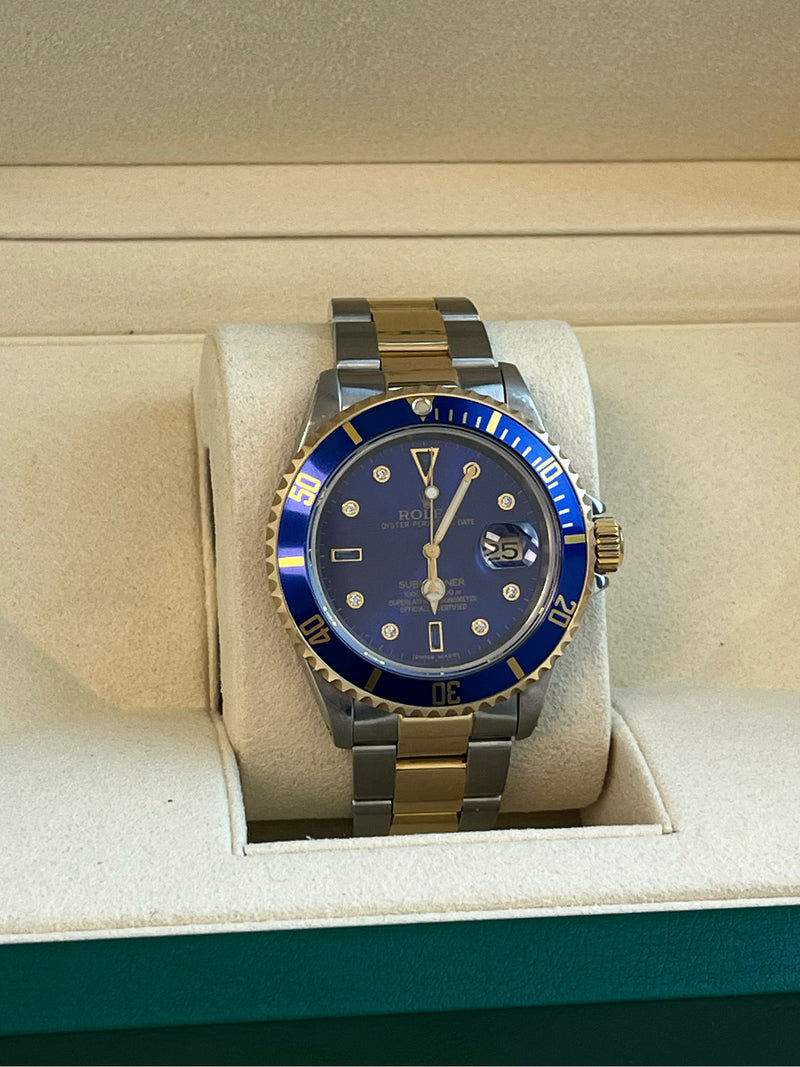 Rolex Submariner Date 40mm Gold/Steel Blue Serti Diamond Dial Men's Watch 16613