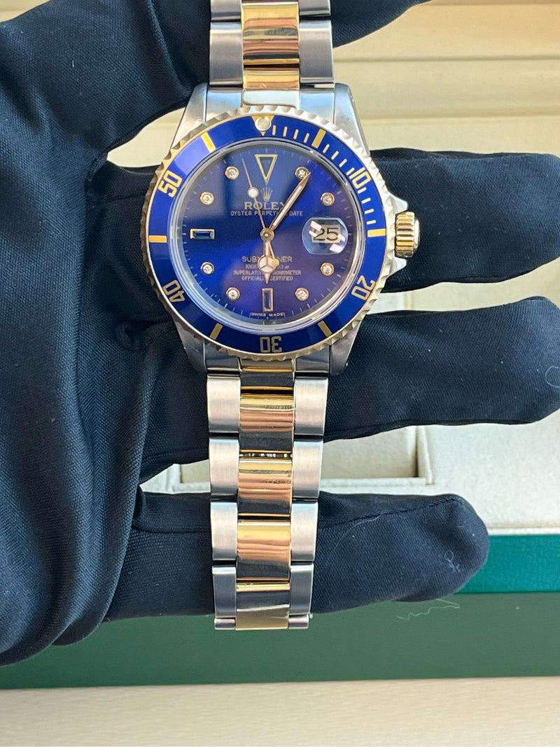 Rolex Submariner Date 40mm Gold/Steel Blue Serti Diamond Dial Men's Watch 16613