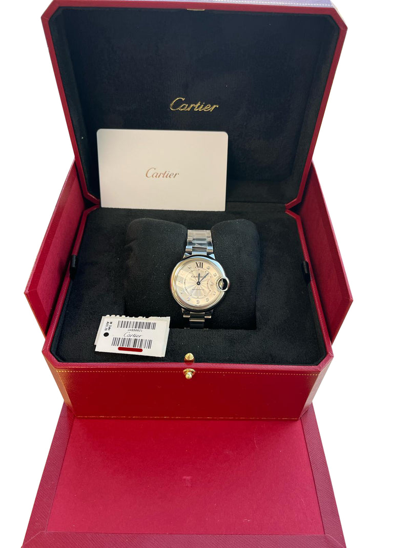 Cartier Ballon Bleu de Cartier 33mm Silver Guilloche Diamond Dial Watch W4BB0021
