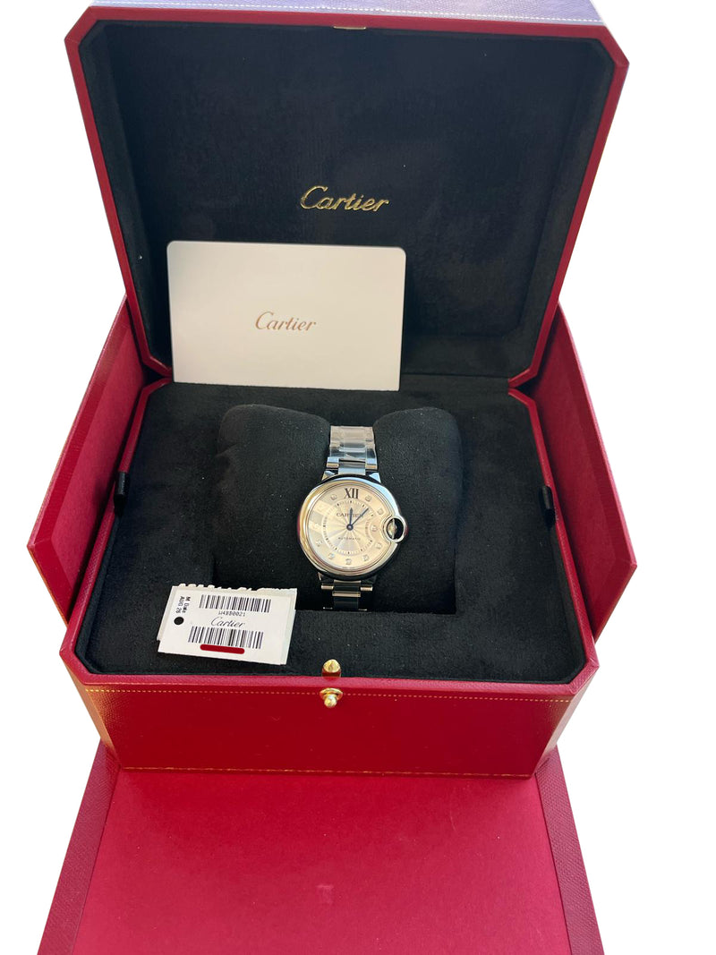 Cartier Ballon Bleu de Cartier 33mm Silver Guilloche Diamond Dial Watch W4BB0021