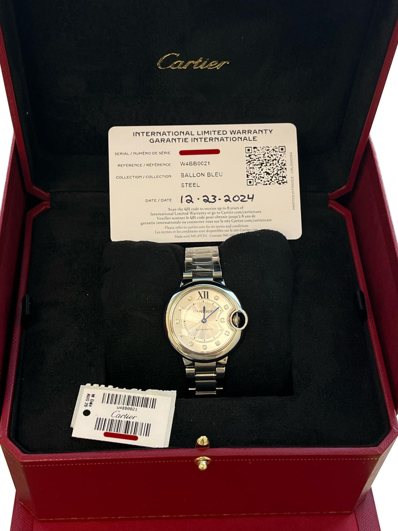 Cartier Ballon Bleu de Cartier 33mm Silver Guilloche Diamond Dial Watch W4BB0021