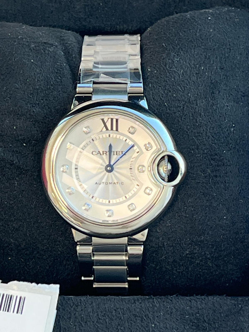 Cartier Ballon Bleu de Cartier 33mm Silver Guilloche Diamond Dial Watch W4BB0021