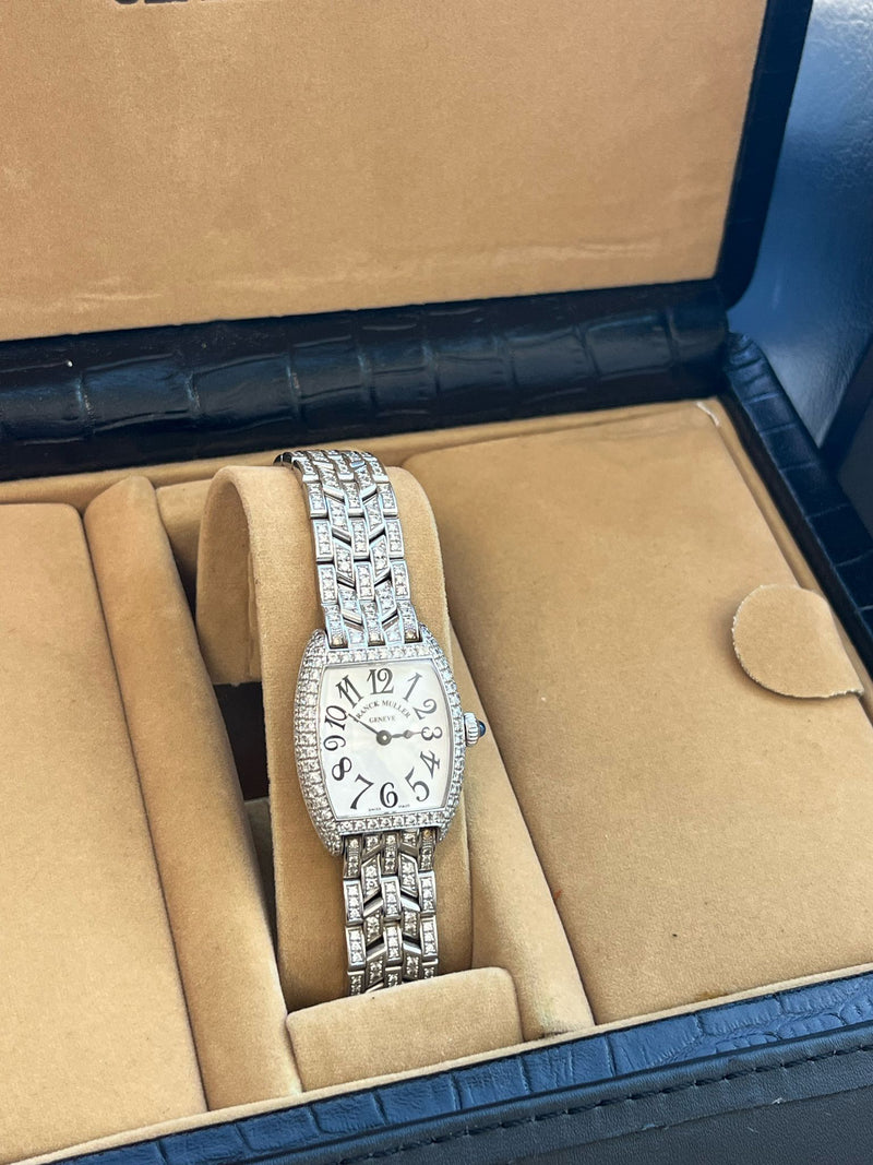 Franck Muller Cintree Curvex 18k White Gold with Diamond Tonneau Watch 2250 QZ D