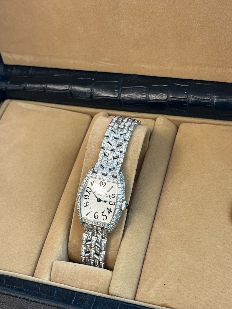 Franck Muller Cintree Curvex 18k White Gold with Diamond Tonneau Watch 2250 QZ D