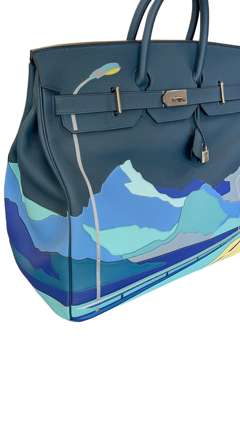 Hermes Birkin 50 Limited Edition Endless Road Bleu De Prusse Palladium Hardware