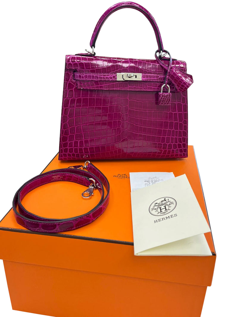 Hermes Kelly Sellier 25 Rose Pourpre Shiny Niloticus Crocodile Palladium
