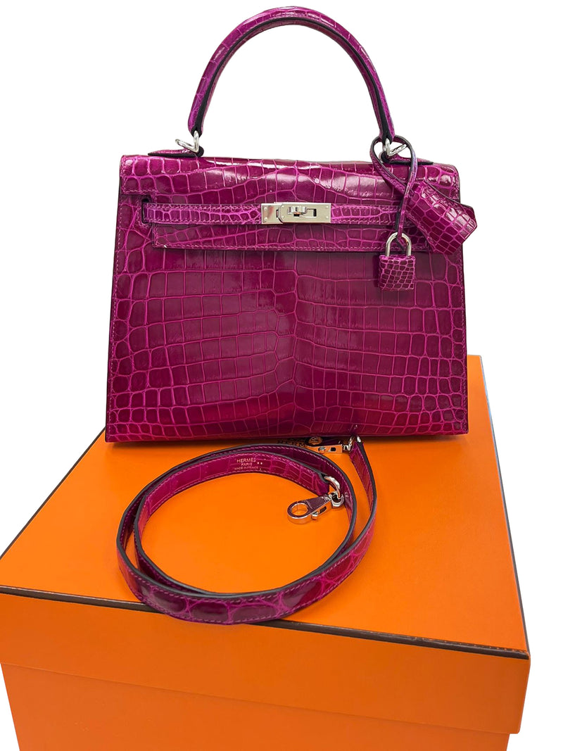 Hermes Kelly Sellier 25 Rose Pourpre Shiny Niloticus Crocodile Palladium