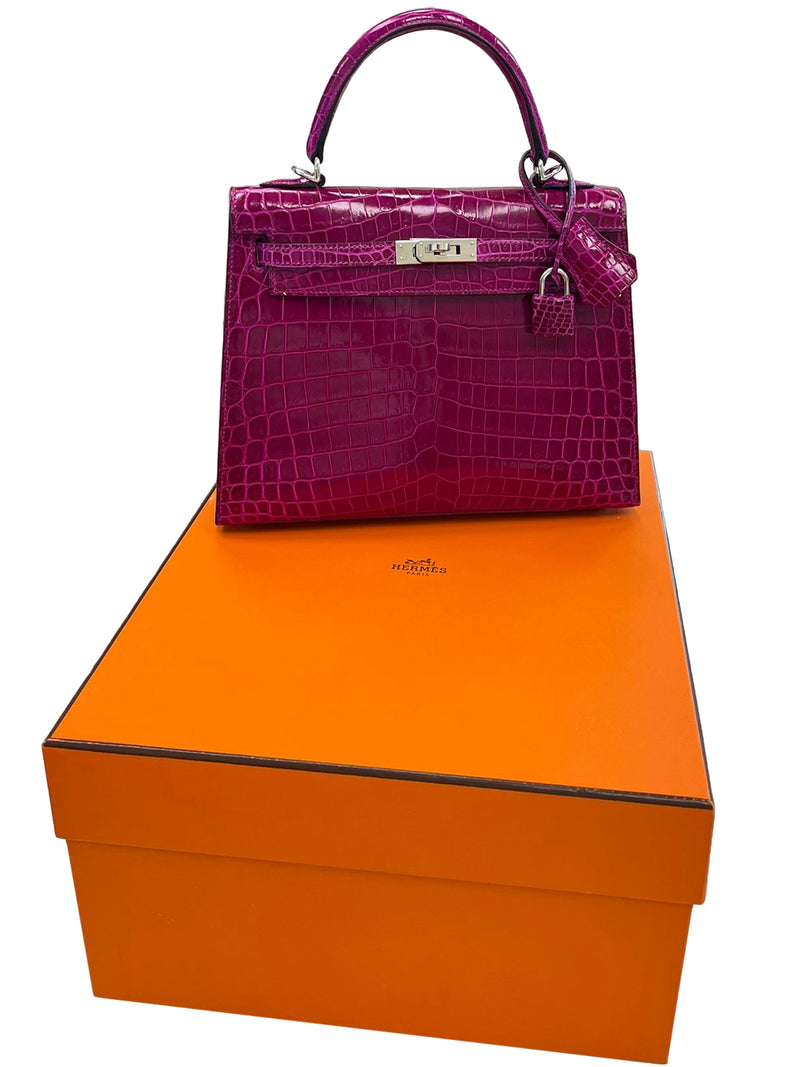 Hermes Kelly Sellier 25 Rose Pourpre Shiny Niloticus Crocodile Palladium