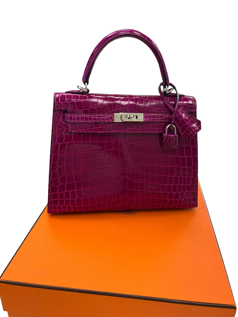 Hermes Kelly Sellier 25 Rose Pourpre Shiny Niloticus Crocodile Palladium