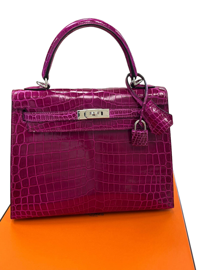 Hermes Kelly Sellier 25 Rose Pourpre Shiny Niloticus Crocodile Palladium