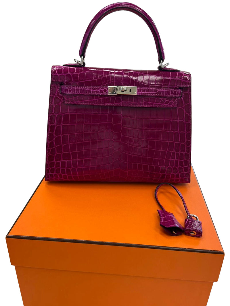 Hermes Kelly Sellier 25 Rose Pourpre Shiny Niloticus Crocodile Palladium
