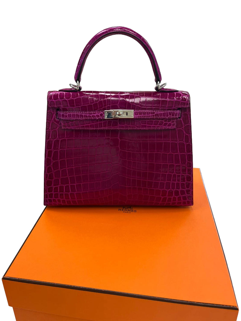 Hermes Kelly Sellier 25 Rose Pourpre Shiny Niloticus Crocodile Palladium