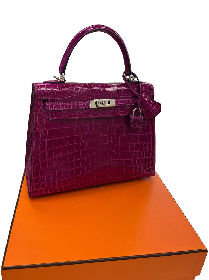Hermes Kelly Sellier 25 Rose Pourpre Shiny Niloticus Crocodile Palladium