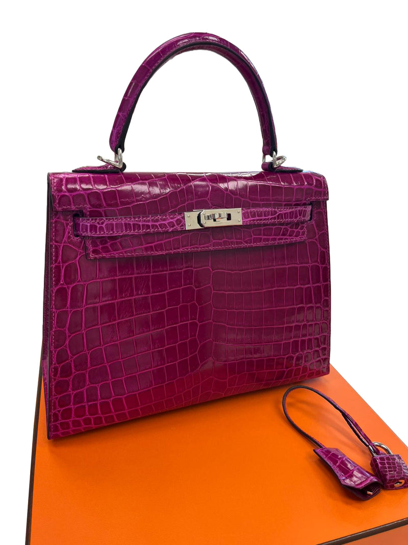 Hermes Kelly Sellier 25 Rose Pourpre Shiny Niloticus Crocodile Palladium