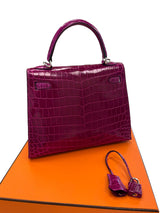 Hermes Kelly Sellier 25 Rose Pourpre Shiny Niloticus Crocodile Palladium