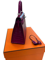 Hermes Kelly Sellier 25 Rose Pourpre Shiny Niloticus Crocodile Palladium