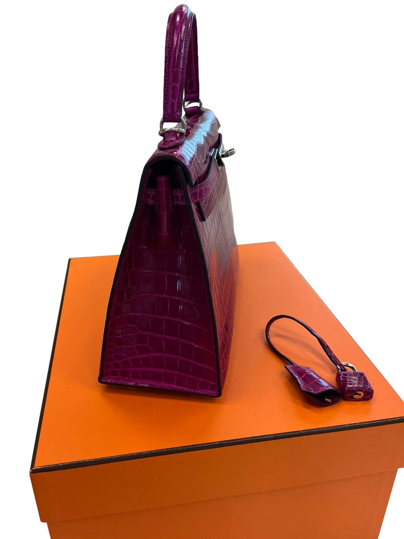 Hermes Kelly Sellier 25 Rose Pourpre Shiny Niloticus Crocodile Palladium