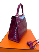 Hermes Kelly Sellier 25 Rose Pourpre Shiny Niloticus Crocodile Palladium