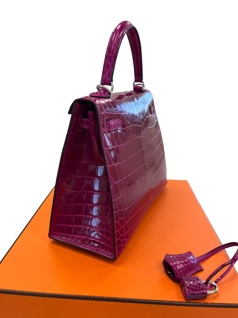 Hermes Kelly Sellier 25 Rose Pourpre Shiny Niloticus Crocodile Palladium