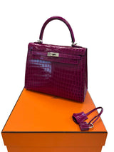 Hermes Kelly Sellier 25 Rose Pourpre Shiny Niloticus Crocodile Palladium