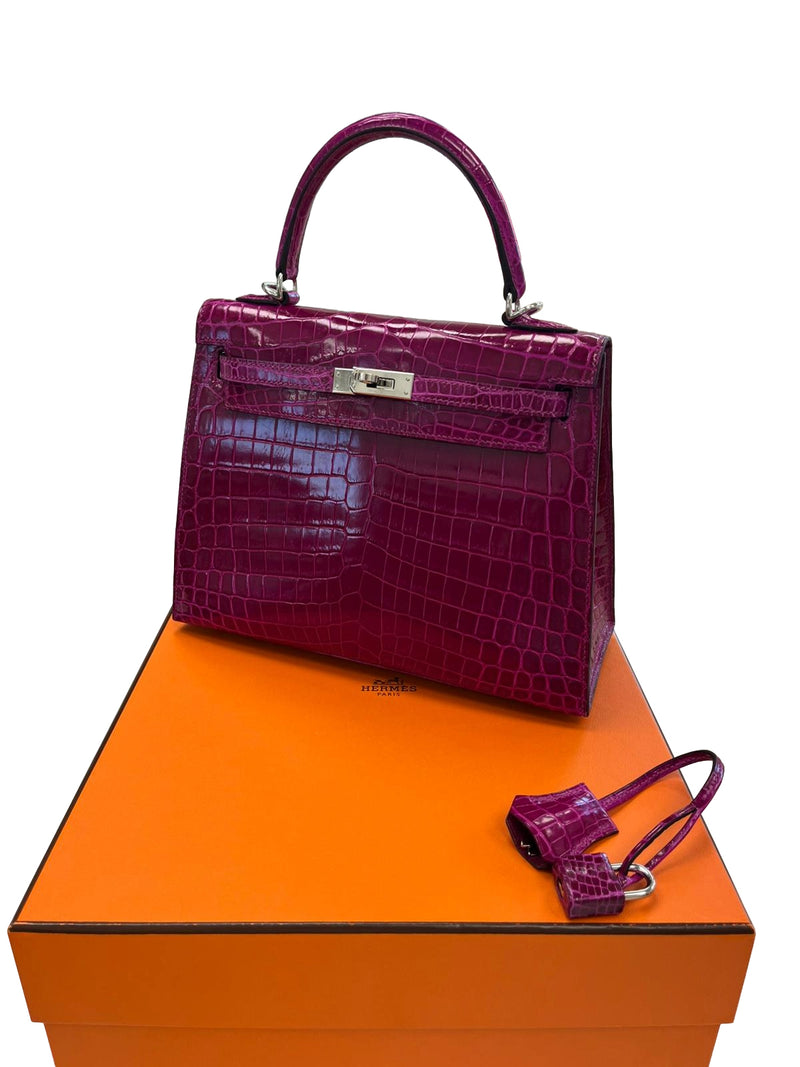Hermes Kelly Sellier 25 Rose Pourpre Shiny Niloticus Crocodile Palladium