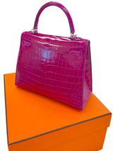 Hermes Kelly Sellier 25 Rose Pourpre Shiny Niloticus Crocodile Palladium